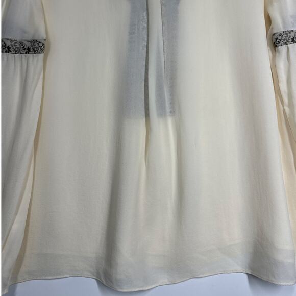 Tory Burch Silk Peasant Blouse Top Ivory Chiffon Size S Batik Trim Boho Designer - Picture 11 of 16